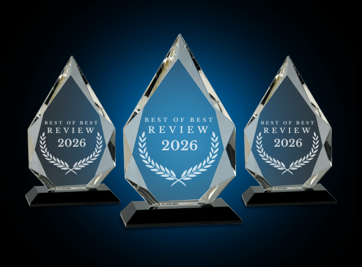Three crystal award trophies displaying "Best of Best Review 2026" on a blue background